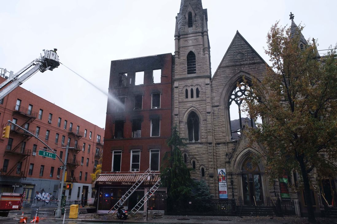 Firefighters extinguishing the six-alarm fire that destroyed the Middle Collegiate Church in NYC.